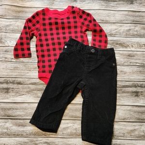 Buffalo plaid onesie and black corduroy pants outfit